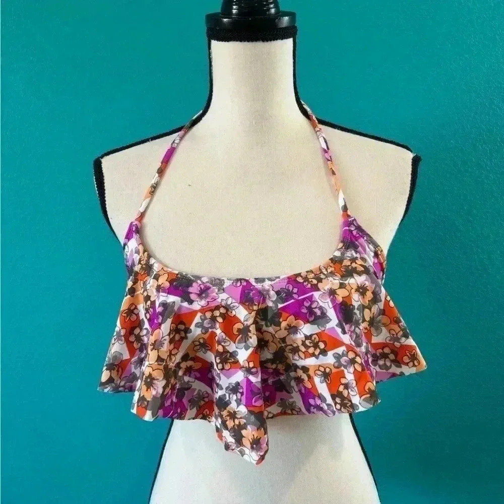 New with tags Nordstrom bp floral orange and purple ruffle bikini top